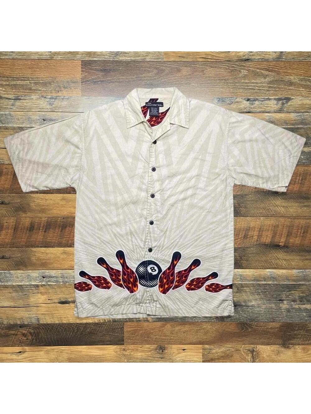 Y2K No Boundaries Shirt Mens Small Flames Bowling 8 Ball Button Up
